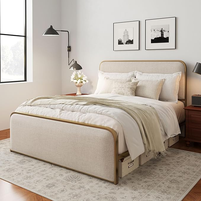 Merax Metal Platform Bed Queen Size with Curved Upholstered Headboard and Footboard, Queen Bed Frame with Storage Space Under Bed, Heavy Duty Metal Slats, No Box Spring Needed, Gold+Beige