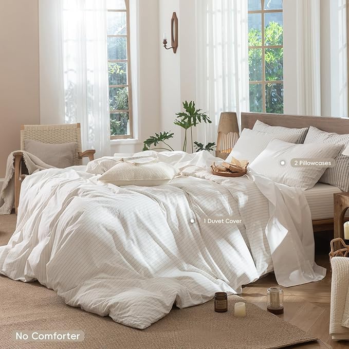 MooMee Striped Duvet Cover Set 100% Washed Cotton Linen Like Textured Breathable Durable Soft Comfy (White Almond Milk Grey Wide Stripes, Oversized Queen 98"x98")