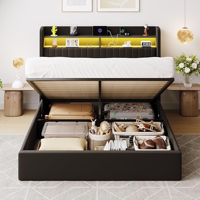 SHA CERLIN Queen Size Lift Up Storage Bed Frame/LED Lights/Charging Station/2-Tier Shelves Headboard/USB,Type-C Ports/Velvet Upholstered/Hydraulic Support/No Box Spring Needed/Noise Free/Black