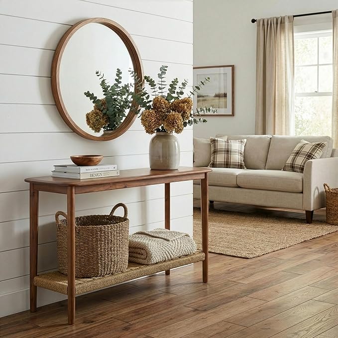 Alaterre Furniture Calais 48 Inch Solid Wood Entryway Table with Woven Storage Shelf – Mid Century Modern 2-Tier Sofa Table for Living Room, Hallway, or Foyer (Chestnut)