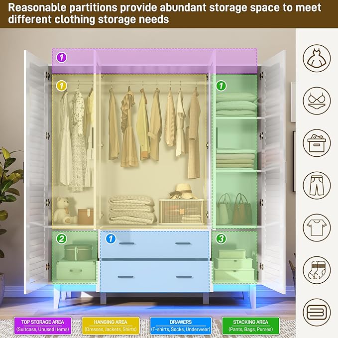 jiteentarou 4 Door Armoire Wardrobe Closet Cabinet with Drawers and LED Lights, Multi-Tier Shelves, Hanging Rod & 4 Louver Doors, Large Capacity Storage Wardrobe Armoire for Bedroom(4 Doors White) | 4 Door, Armoire, with Drawers, LED Lights, Multi-Tier...