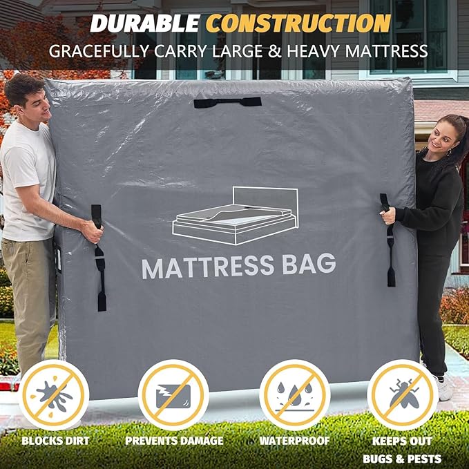 Mattress Bags for Moving and Storage, BETU Queen Mattress Protector Waterproof Mattress Cover with 8 Heavy Duty Handles and Zipper Extra Thick Moving Supplies for Bed Reusable (82x62x13.5 Grey)
