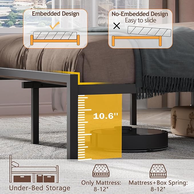 OURPIC Full Size Bed Frame, Bed Frame Full with LED Lights and Charging Station Headboard, Black Metal Platform Bedframe and Storage Shelf, No Box Spring Needed, Noise Free