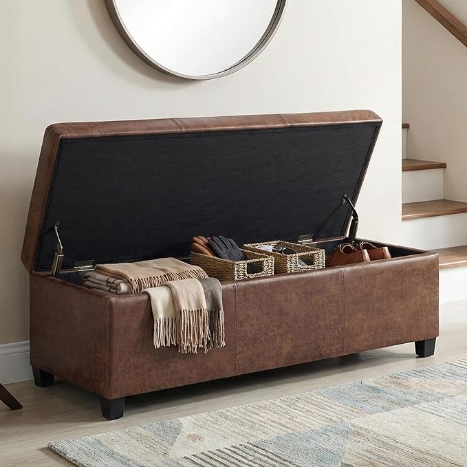 SIMPLIHOME Avalon Storage Ottoman Bench - 48" Wide x 16" High Upholstered Vegan Leather Rectangular Lift-Top Ottoman in Distressed Umber Brown, Contemporary Storage Bench with High-Density Foam