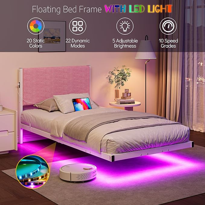 Twin Size Floating Bed Frame with LED Lights & USB Charging Station,Pink Twin Bed Frame with Headboard,Heavy Duty Metal Platform Bed for Girls,Strong Slats Support,No Box Spring Needed,Easy Assembly