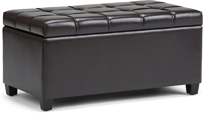 SIMPLIHOME Sienna Storage Ottoman Bench - 33 inch Wide Upholstered Vegan Leather Rectangle Storage Ottoman Bench in Chocolate Brown, Transitional Tufted Ottoman for Living Room with Lift Top
