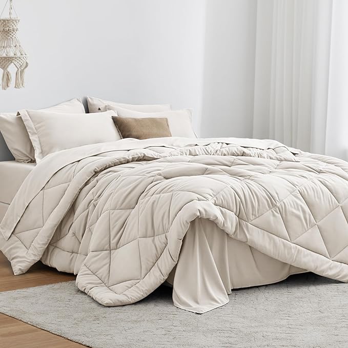 Love's cabin Twin XL Comforter Set Off White, 5 Pieces Twin XL Bed in a Bag, All Season Bedding Sets with 1 Comforter, 1 Flat Sheet, 1 Fitted Sheet, 1 Pillowcase and 1 Pillow Sham | Soft, Breathable, Lightweight, Comfortable