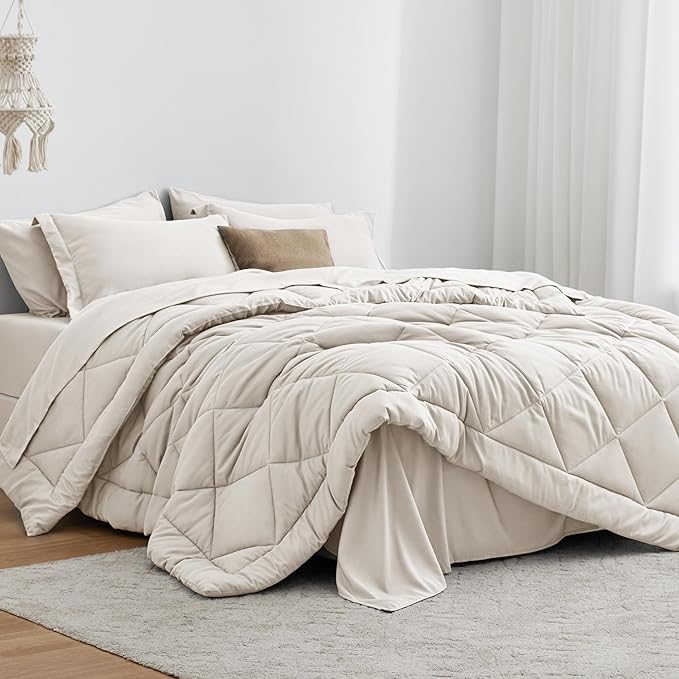 Love's cabin Twin Comforter Set Off White, 5 Pieces Twin Bed in a Bag, All Season Bedding Sets with 1 Comforter, 1 Flat Sheet, 1 Fitted Sheet, 1 Pillowcase and 1 Pillow Sham | Soft, Breathable, Lightweight, Comfortable