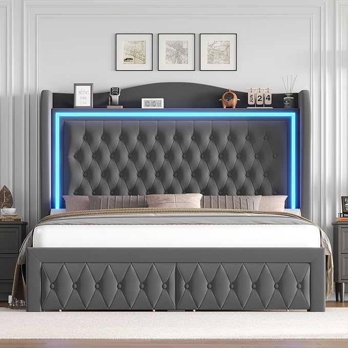 King Bed Frame 55" Tall Headboard with LED Lights, Buttons Tufted Velvet Upholstered Platform Bed Frame with 2 Storage Drawers, Wood Slats Support Mattress Foundation, No Box Spring Needed, Grey