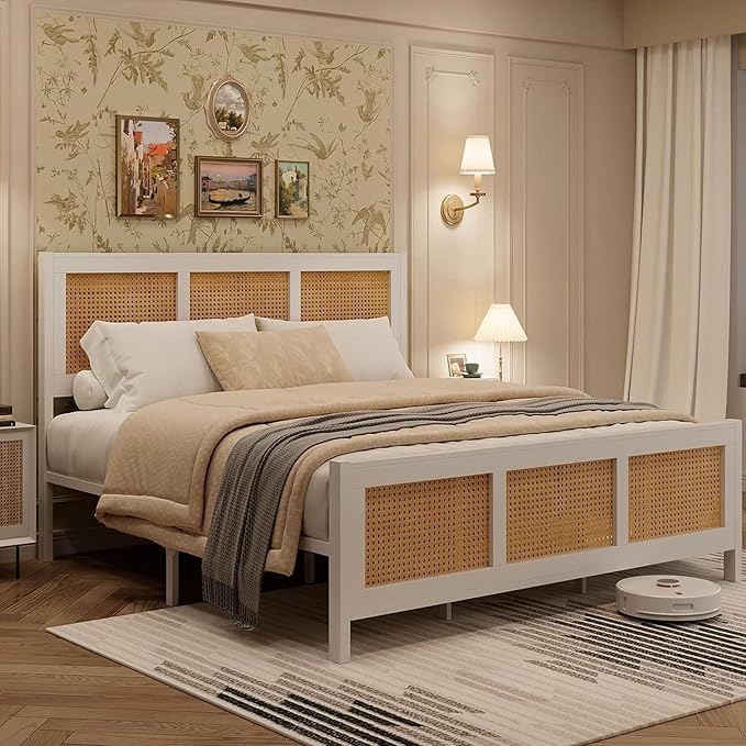 GarveeHome Queen Bed Frame with Headboard, Boho Rattan Bed Frame with Strong Metal Slat, Noise Free, No Box Spring Needed, White and Natural