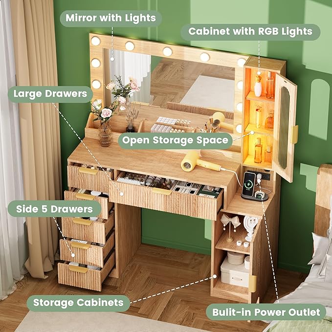 Fluted Makeup Vanity Desk with Large 31.4" Mirror and Sound Sync RGB Lights, Wood Vanity with 6 Drawers, 2 Cabinet & 3 Compartments, Charging Station, Bedroom Dressing Table, Natural Oak