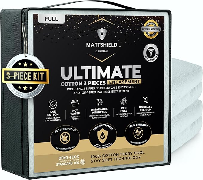 MATTSHIELD Ultimate 3-Piece Kit - Bed Bug-Proof Mattress Cover Full Size 100% Cotton Top + 2 Pillow Protectors with Zipper - 6 Sided Waterproof Encasement, Total Defense Kit