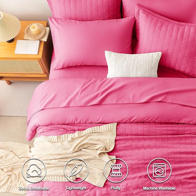CozyLux Queen Comforter Set Hot Pink Seersucker 7 Pieces Bed in a Bag Queen Comforter Set with Sheets, Luxury Soft Bedding Set with Down Alternative Comforter, Sheets, Pillowcases & Shams All Seasons