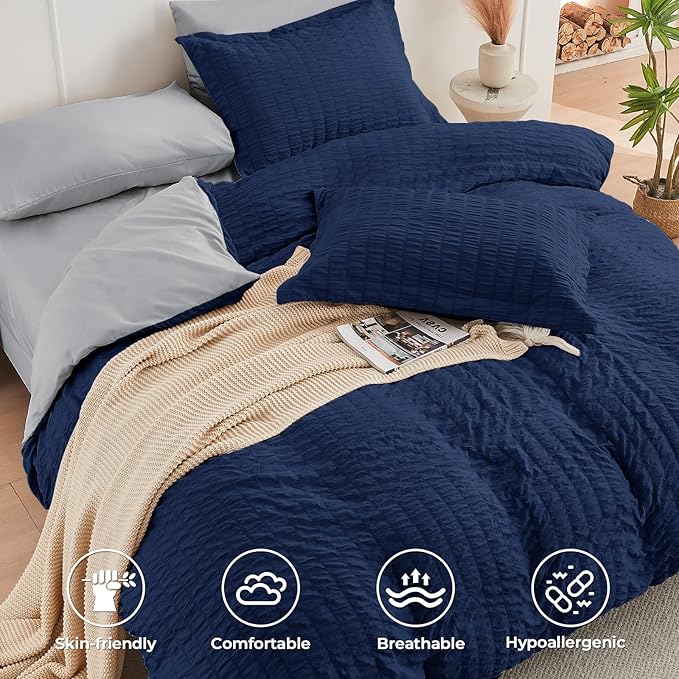 HYMOKEGE Navy Blue/Light Grey Queen Comforter Set Seersucker 7 Pieces, All Season Luxury Bed in a Bag Queen for Bedroom, Bedding Set with Comforter, Sheets, Pillowcases & Shams