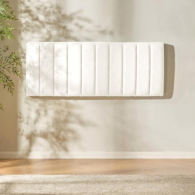 Upholstered King Headboard - Easy Assemble Channel Stitched Headboard King Size Bed - Wall Mounted Headboards with 3D Soundproof Wall Panels Peel & Stick Floating Headboards, Off White