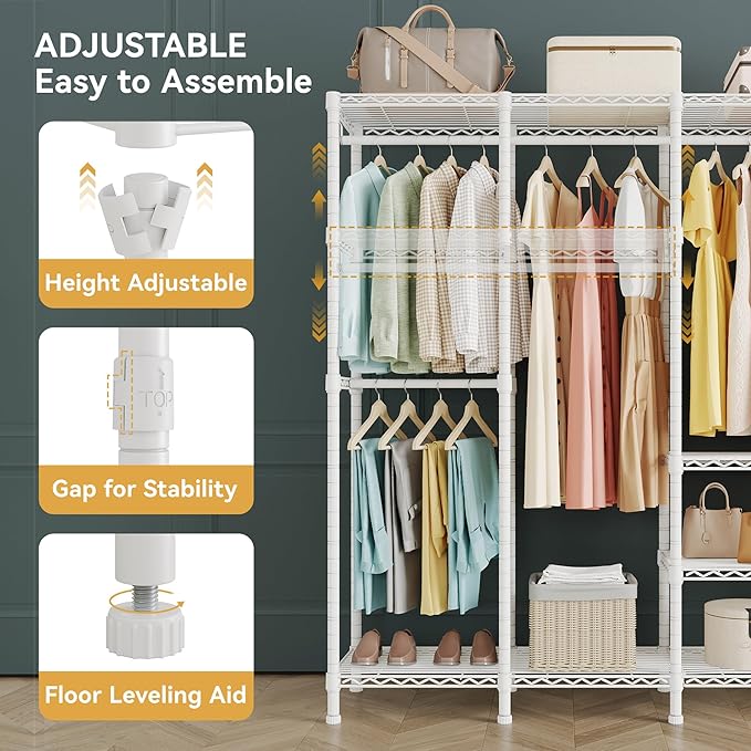 Higeego H5 Extra Large Heavy Duty Clothes Rack, Wire Garment Rack, Freestanding Clothing Rack for Hanging Clothes, Wardrobe Closet with Adjustable Shelf, 93.3" Wx15.7 Dx75.4 H, White, Load 1400 lbs