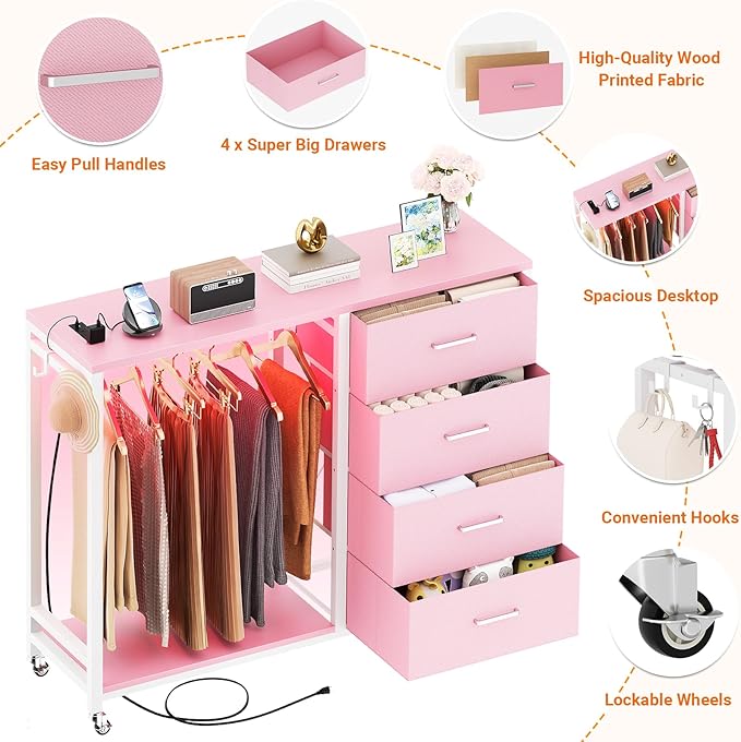Cyclysio Dresser with Hanging Rack, 4 Fabric Drawers Dresser with Clothes Rack, Wooden Top Storage Chest of Drawers with Charging Station & LED Lights, Lockable Wheels, Closet