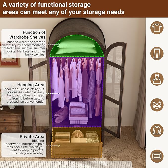 chartustriable 2 Doors Arched Armoire Wardrobe Closet w/Drawers,LED Light,Wooden Closet Wardrobe Cabinet with Hanging Rod for Bedroom,Modern Armoire Storage Cabinet w/Shelf,Rustic Brown