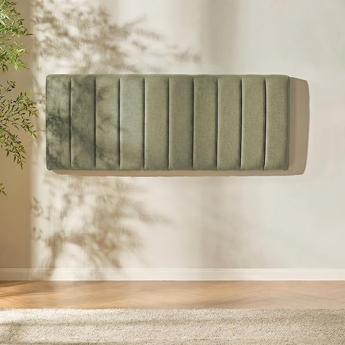 Hearth & Harbor Upholstered Full Headboard - Easy Assemble Channel Stitched Headboard Full Size - Wall Mounted Headboards with 3D Soundproof Wall Panels Peel & Stick Floating Headboards, Olive Green