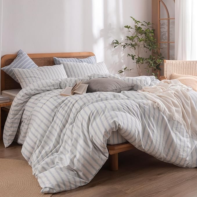 BESTOUCH Duvet Cover Set 100% Washed Cotton Linen Feel Super Soft Comfortable Chic Lightweight 3 PCs Home Bedding Set White & Cornflower Blue Stripes King