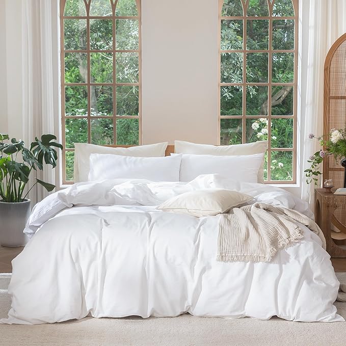 MooMee Bedding Duvet Cover Set 100% Washed Cotton Linen Like Textured Breathable Durable Soft Comfy (Solid Bright White, Oversized King Plus 128"x120")