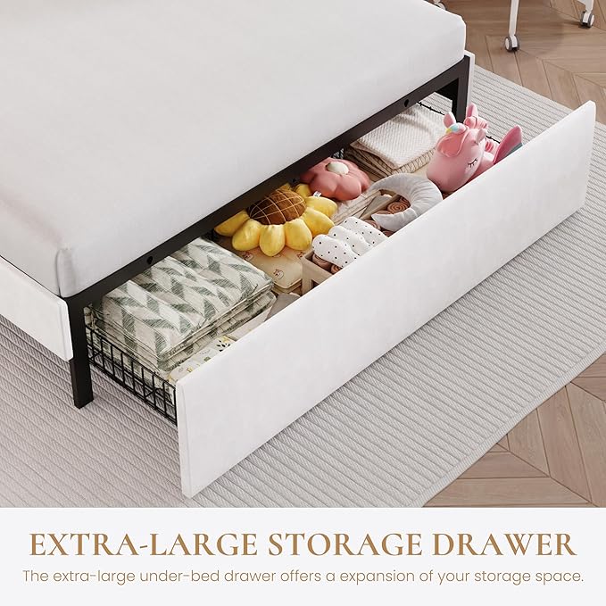 SHA CERLIN Upholstered Queen Size Bed Frame with LED Lights and Large Storage Drawer, Velvet Platform Bed with Adjustable Wavy Headboard, Noise Free, Easy Assembly, No Box Spring Needed, Soft White