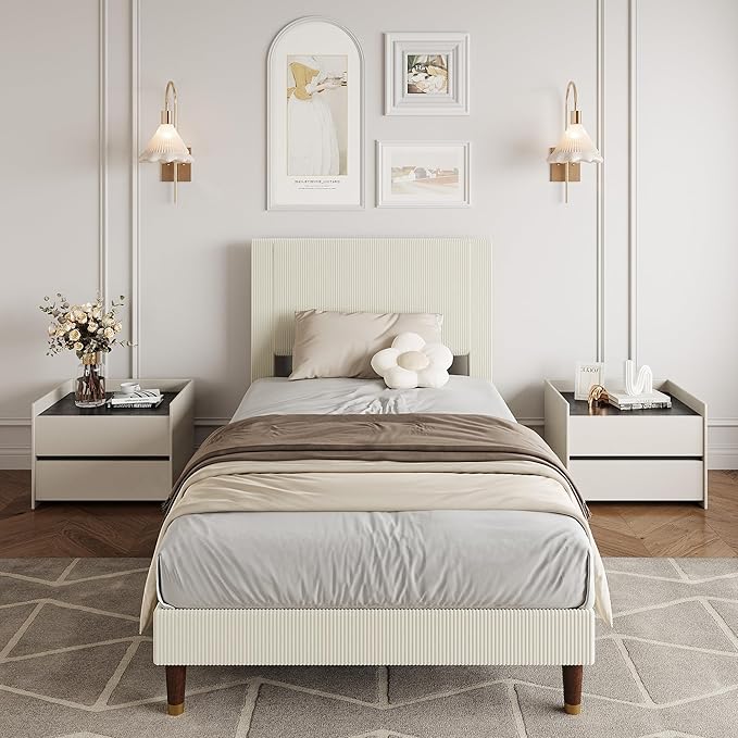 GarveeHome Twin Size Bed Frame with Upholstered Headboard and Strong Wooden Slats Support, Soft Corduroy Fabric Platform Bed, No Boxing Spring Needed, Easy Assembly, Beige