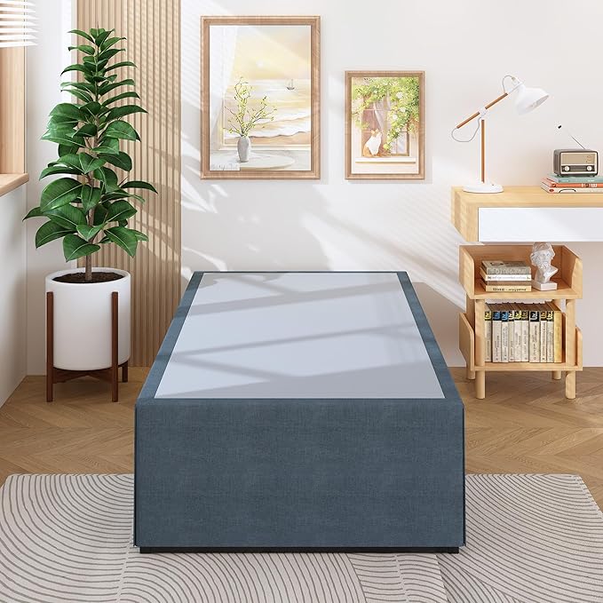 Lutown-Teen 18 Inch Twin Bed Frames with Cover Skirt, Heavy Duty Metal Twin Size Platform Bed Frame No Box Spring Needed, Noise Free, Easy Assembly, Black and Blue