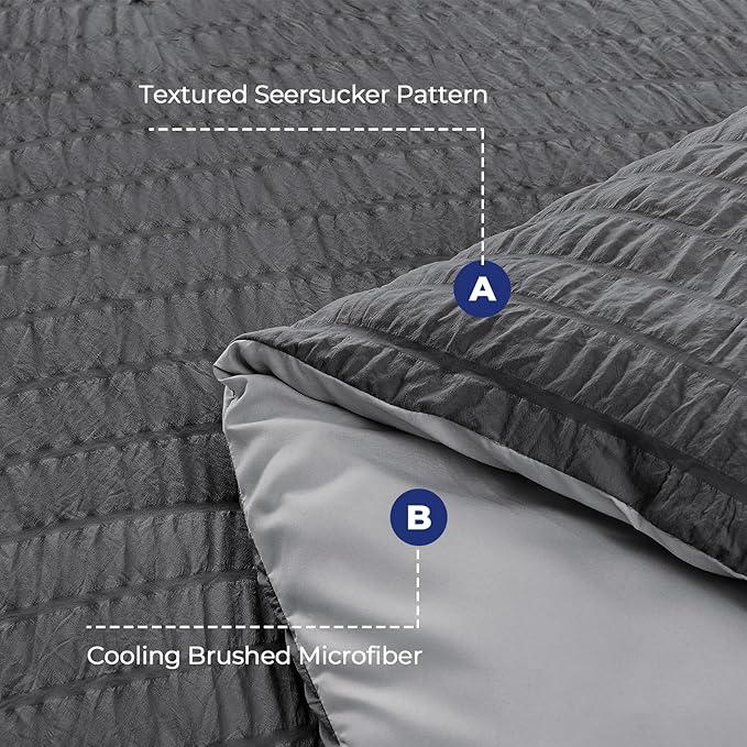 HYMOKEGE Dark Grey/Light Grey Duvet Cover King Size, Ultra Soft 3-Piece Seersucker Duvet Cover Set with Zipper Closure, Soft Brushed Microfiber Bedding Set with 8 Corner Ties (104"x90", 2 Pillowshams)