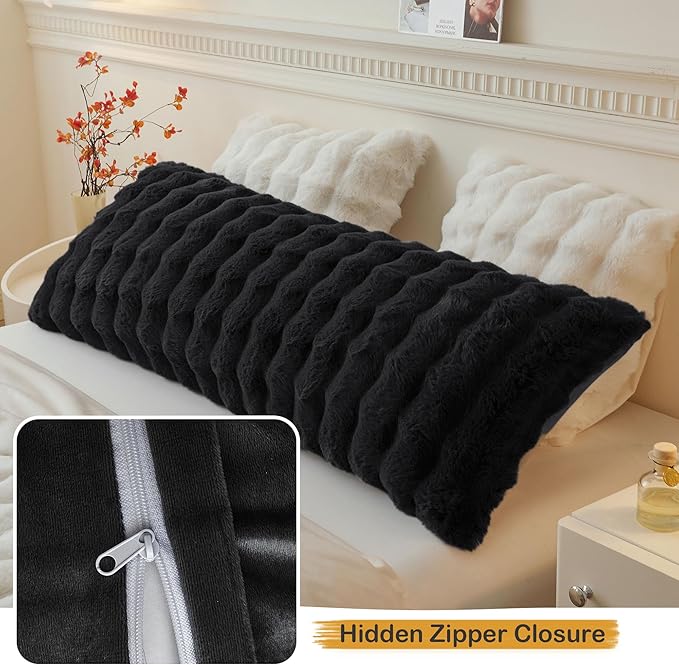 LIFEREVO Fluffy Faux Rabbit Fur Body Pillow Cover, Luxury Bubble Waffle Shaggy Plush Bed Body Pillowcase with Zipper Closure, Long 20"x54" Fuzzy Furry Pillow Case for Adults Kids Girls Teens, Black