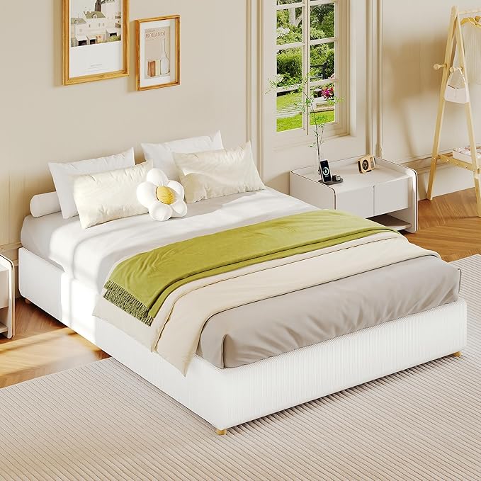 GarveeHome Full Size Cloud Bed Frame，Corduroy Low Bed Frame Without Headboard, Thick Fabric Upholstered Platform Bed, Solid Wood Legs, No Box Spring Needed, Never Squeak, Easy Assembly, White