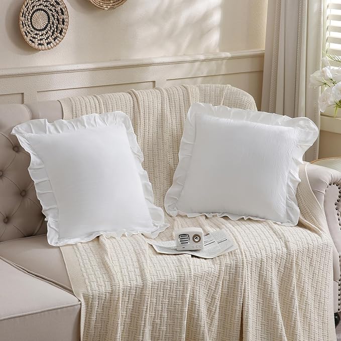 Merryword White Pillowcases 18x18, Throw Pillow Covers Pack of 2, Ruffle Pillowcase Cushion for Couch Sofa Bedroom
