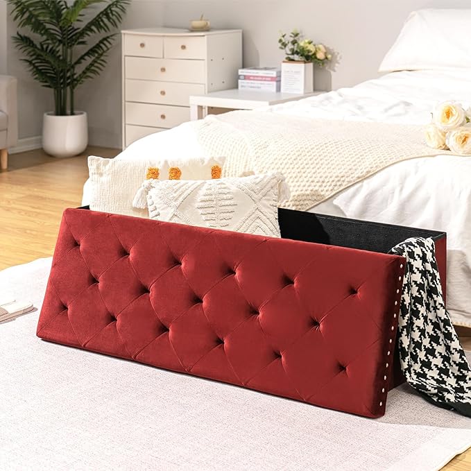B FSOBEIIALEO Luxury Velvet Fabric Storage Ottoman Bench, Extra Large 140L Toy Chest Storage Boxes Footrest Bench for Bedroom, 43 Inches Red
