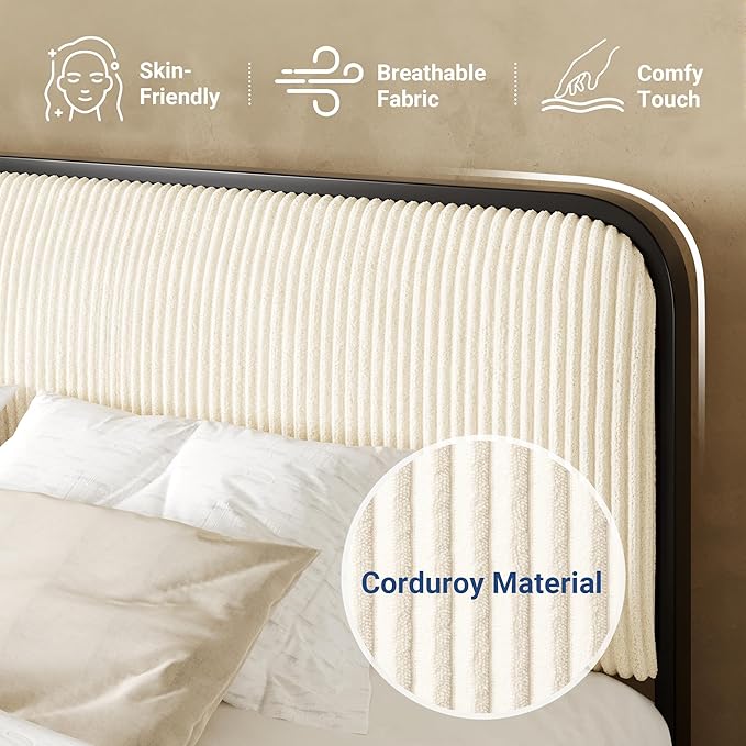 Allewie Full Size Metal Bed Frame with Curved Corduroy Upholstered Headboard and Footboard, Platform Bed Frame with 12.4" Under Bed Storage, No Box Spring Needed, Boho Style, Cream