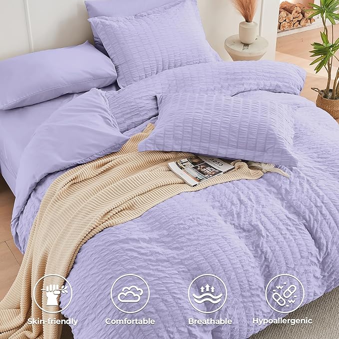 HYMOKEGE Light Purple Queen Comforter Set Seersucker 7 Pieces, All Season Luxury Bed in a Bag Queen for Bedroom, Bedding Set with Comforter, Sheets, Pillowcases & Shams