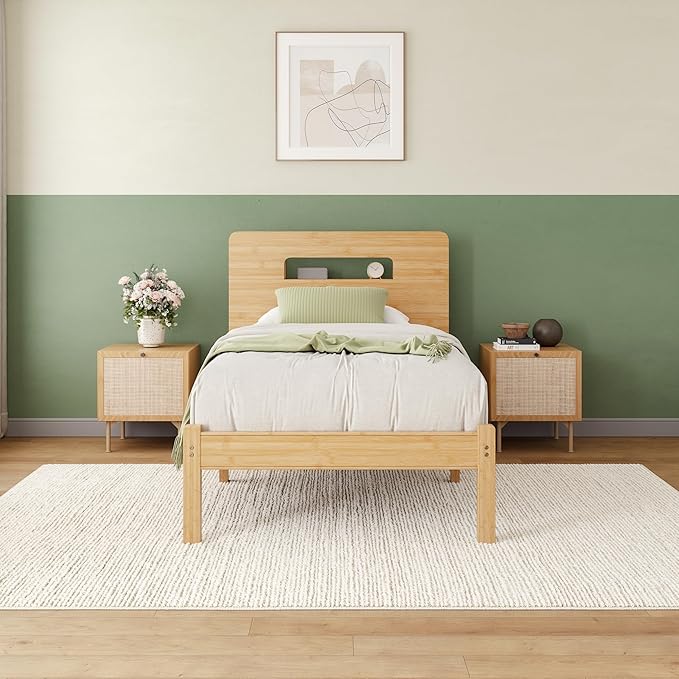 ZIYOO Solid Bamboo Wood Twin XL Bed Frame with Storage Headboard, 14 inch Platform Twin XL Bed Frames No Box Spring Needed with Steel Slats, Sturdy and Stable, Easy Assembly, Noise Free