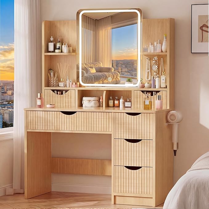 Vanity Desk with Mirror and Lights, Makeup Vanity Table with Large 6 Drawers Modern Fluted Wooden Dressing Table with Jewelry Hook 3 Color Modes Adjustable LED Mirror for Women Girls Bedroom or Dorm