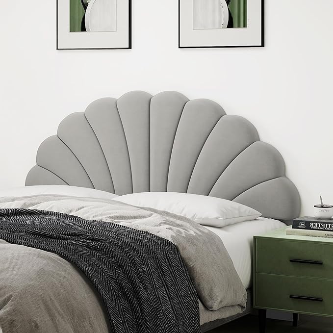 Befurtori Queen Size Headboard Only, Petal Wall Mount Headboard Queen/Full Size for Adjustable Bed Velvet Upholstered Head Board Easy Assembly, Gray