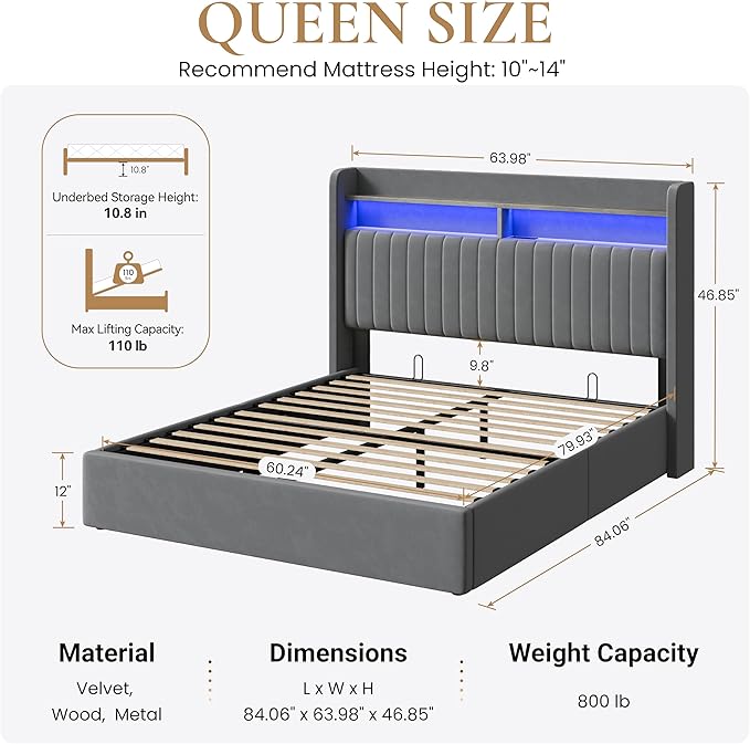 SHA CERLIN Queen Size Lift Up Storage Bed Frame/LED Lights/Charging Station/2-Tier Shelves Headboard/USB,Type-C Ports/Velvet Upholstered/Hydraulic Support/No Box Spring Needed/Noise Free/Gray