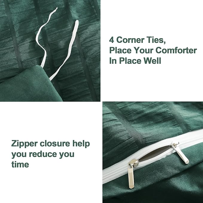 AveLom Dark Green Seersucker Duvet Cover Set Full Size (80 x 90 inches), 3 Pieces (1 Duvet Cover + 2 Pillow Cases), Ultra Soft Washed Microfiber, Textured Duvet Cover with Zipper Closure, Corner Ties