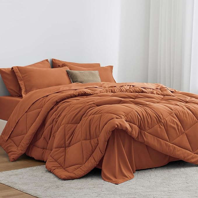 Love's cabin Twin Comforter Set Terracotta, 5 Pieces Twin Bed in a Bag, All Season Bedding Sets with 1 Comforter, 1 Flat Sheet, 1 Fitted Sheet, 1 Pillowcase and 1 Pillow Sham | Soft, Breathable, Lightweight, Comfortable