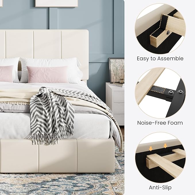 SHA CERLIN Queen Bed Frame, Dutch Velvet Upholstered Platform Bed, Vertical Channel Tufted Adjustable Headboard, Low Profile Bed Frame, No Box Spring Needed, Easy Assembly, Cream