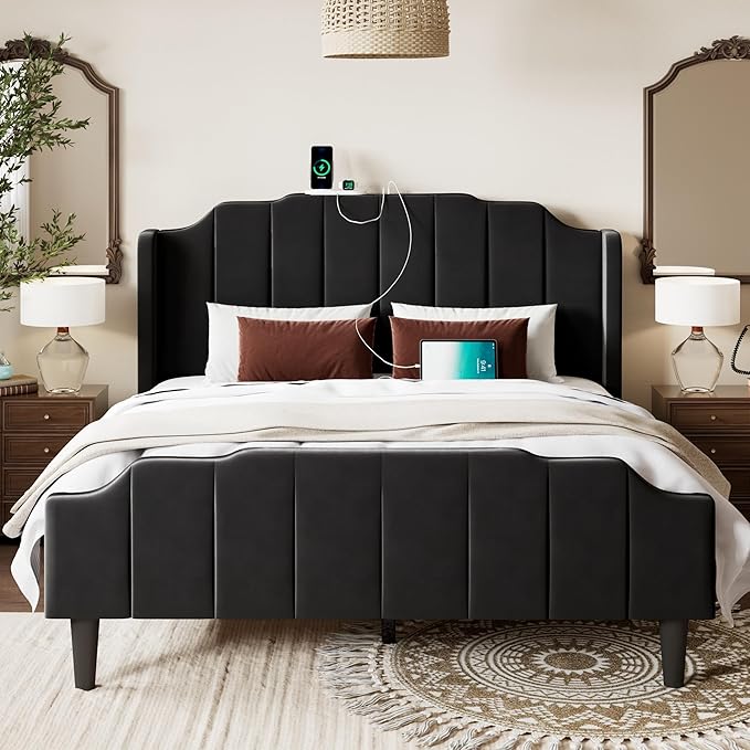 Allewie Vintage Full Size Velvet Platform Bed Frame with Curved Vertical Tufted Wingback Headboard and Footboard, Charging Station, Easy Assembly, Under Bed Storage, No Box Spring Required, Black