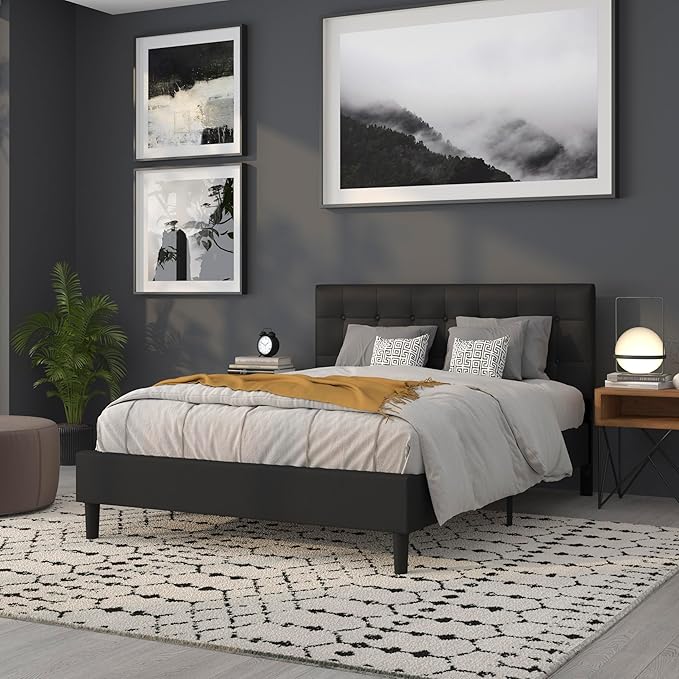 Flash Furniture Lennox Adjustable Height Button Tufted and Box Stitch Upholstered Queen Size Headboard in Black Vinyl