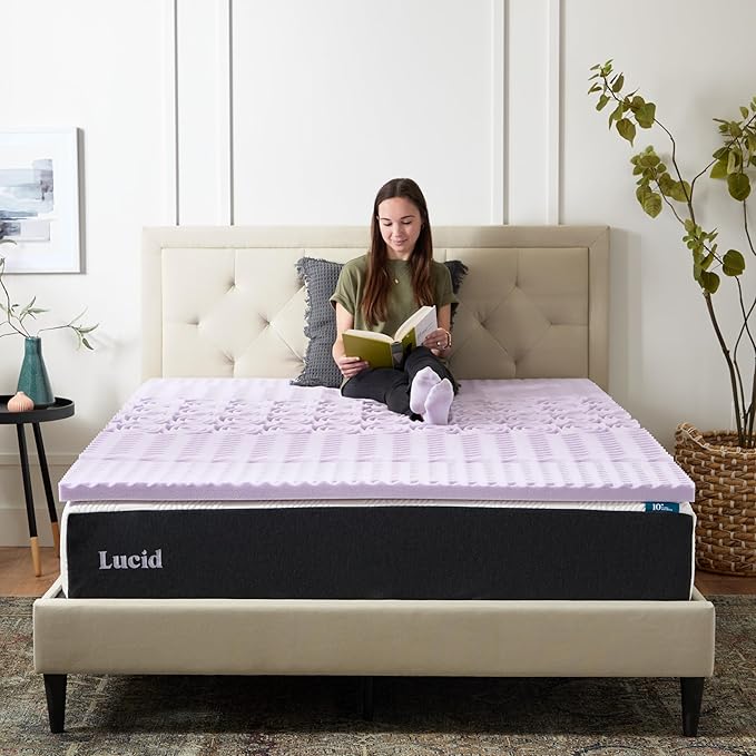 LUCID Lavender Infused 2 Inch Memory Foam Mattress Topper with 5 Zones – King Size – Plush Feel – CertiPUR Certified – Dorm Room Essentials