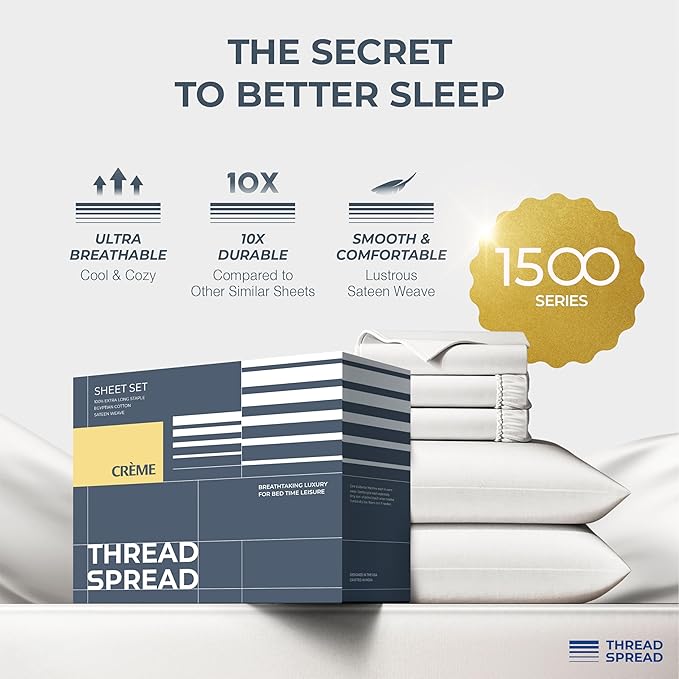 THREAD SPREAD 100% Egyptian Cotton Sheets Queen Size - Luxury 1500 Series Queen Sheet Set Egyptian Cotton (Pack of 2, White), Silky Soft, Sateen Weave, Cooling & Breathable, 17" Deep Pocket Bed Set