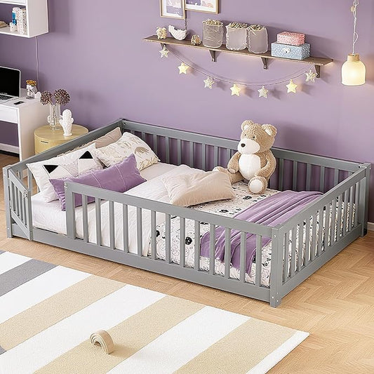 Bellemave Full Size Montessori Floor Bed Frame with Rails & Door, Solid Wood Kids Floor Bed Full with Removable Slats, Low Profile Montessori Bed for Children’s Sleep & Play, Grey