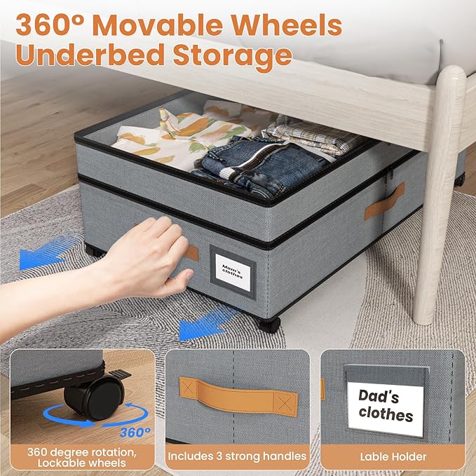 Storage Box,Under Bed Storage with Wheels 72L XXL Under the Bed Storage Containers Large, 10‘’ Tall Adjustable Storage for Underbed with Lids, Rolling for Shoes, Clothes, Blankets, Grey