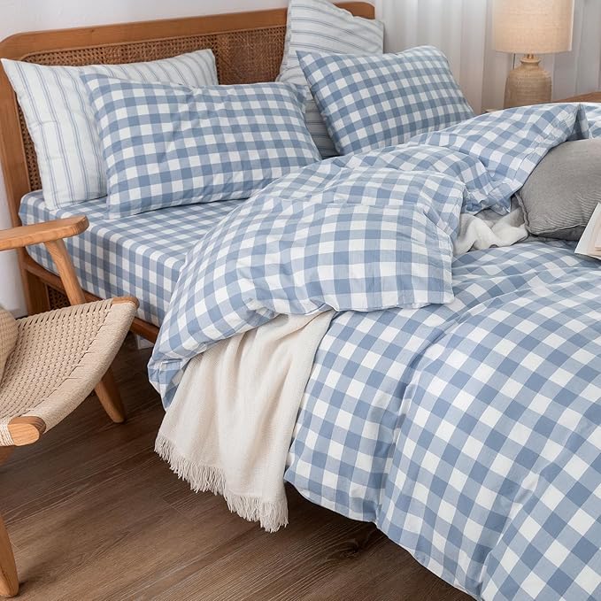 BESTOUCH Duvet Cover Set 100% Washed Cotton Linen Feel Super Soft Comfortable Chic Lightweight 3 PCs Home Bedding Set Cornflower Blue & White Grid King