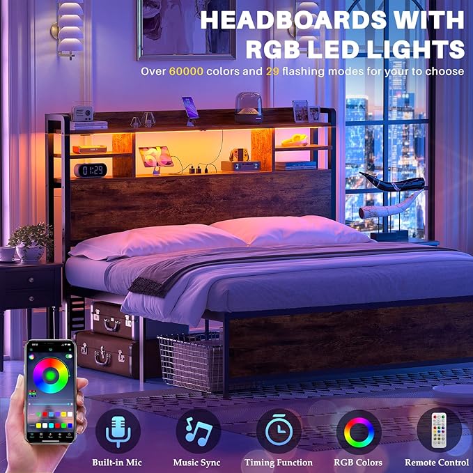 Aheaplus Headboard for Full Size Bed with Storage, Headboards with LED Light, Power Outlets, USB Ports Full Size Head Board, Wood headboard Only Sturdy and Stable Headboards, Modern, Rustic Brown